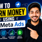 Bright YouTube-style thumbnail with bold text reading “How to Earn Money Using Meta Ads,” featuring a smiling man in a black hoodie pointing toward the headline, Meta Ads logo, ad dashboard metrics, money stacks, and icons showing audience targeting, profitable campaigns, and scaling earnings