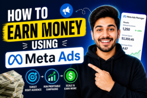 Bright YouTube-style thumbnail with bold text reading “How to Earn Money Using Meta Ads,” featuring a smiling man in a black hoodie pointing toward the headline, Meta Ads logo, ad dashboard metrics, money stacks, and icons showing audience targeting, profitable campaigns, and scaling earnings