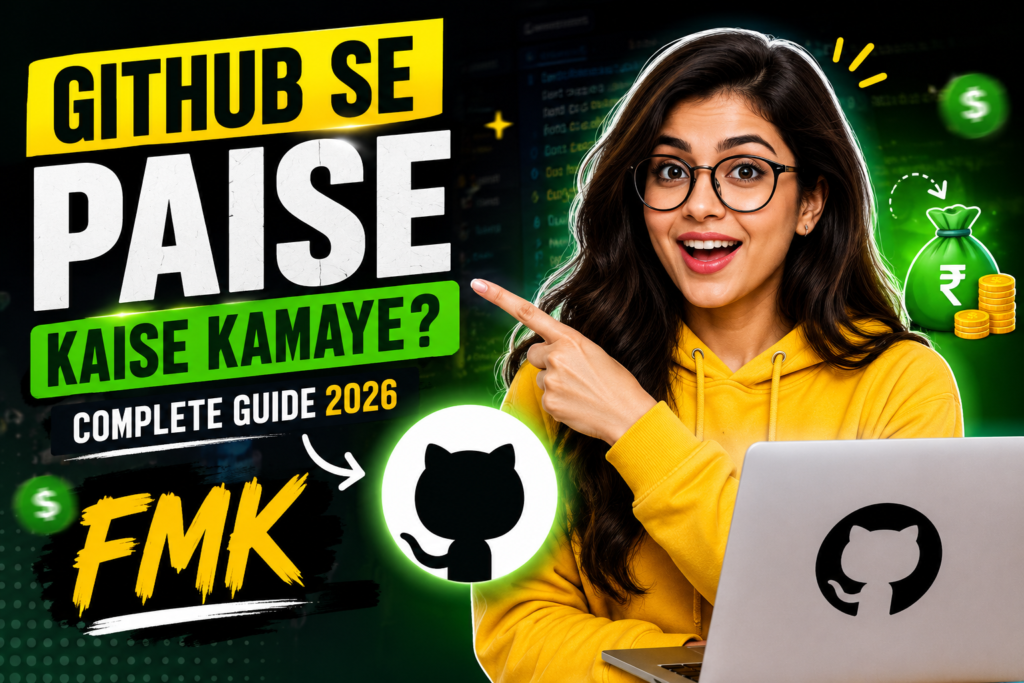 A bright YouTube thumbnail featuring a smiling female character in a yellow hoodie pointing toward bold text that says “GitHub Se Paise Kaise Kamaye?” with FMK branding, GitHub logo, laptop, rupee money bag, and gold coins on a dark green tech background.