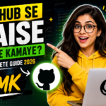 A bright YouTube thumbnail featuring a smiling female character in a yellow hoodie pointing toward bold text that says “GitHub Se Paise Kaise Kamaye?” with FMK branding, GitHub logo, laptop, rupee money bag, and gold coins on a dark green tech background.
